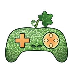 The melon games icon: a game controller in melon rind with a stem and a leaf